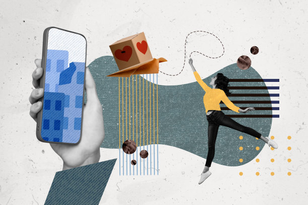 年轻女孩跳舞的照片拼贴，卡通慈善箱、巨大的智能手机触摸屏、遥控器和社交网络绘图背景图片下载