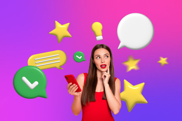 女孩思考决定发布网页评论、评分在线商店应用程序的创意图片拼贴图片下载