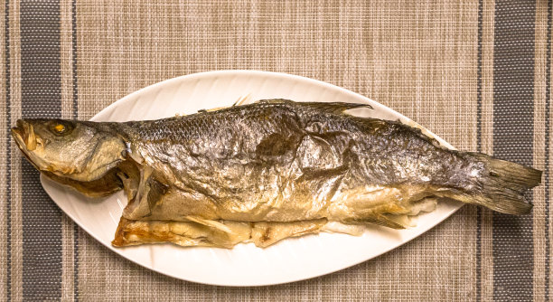 白盘上盛放的烤鱼，俯视图，平铺拍摄，库存照片图片下载