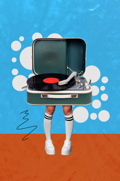 复古拼贴风格的插画，描绘了走动的纤细性感腿部与黑胶唱片播放器，背景为涂鸦风格。图片下载