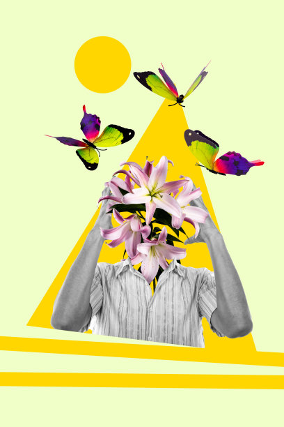 无头男子手持百合花束，头部为蝴蝶，春天的创意背景下的垂直超现实照片拼贴。图片下载