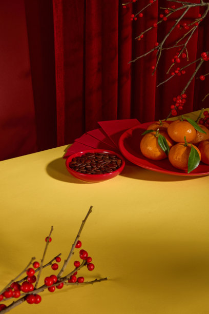 高角度拍摄的照片，展示了黄色桌面上的许多春节主题物品，如烤西瓜子、新鲜水果和装饰花。红色背景上的红色窗帘。图片下载