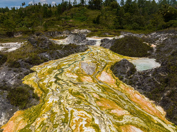 苏门答腊，印度尼西亚，西波霍隆温泉的热气腾腾的硫磺河流和温泉的航拍无人机照片。图片下载