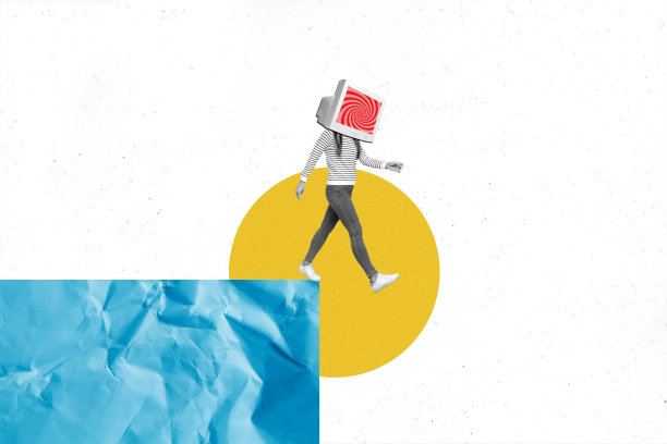 极简风格的照片拼贴艺术作品，描绘了一位沉迷于电视的女性走向深渊，背景为纯白色。图片下载