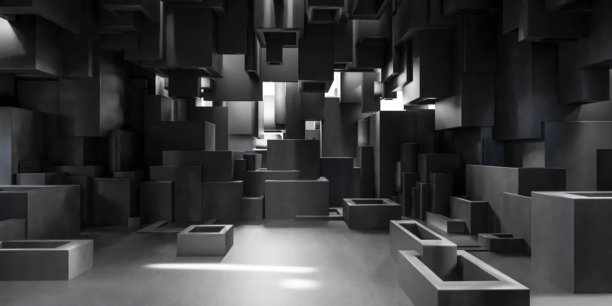 充满立方体的房间，一幅引人入胜的黑白照片展示几何图案和形状的3D渲染插图图片下载