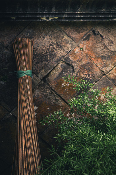 自然布置的氛围照片，展示了用绿色绳子绑扎的干枝和生机勃勃的绿植，背景是质朴的风化石材。非常适合乡村简约和有机对比的主题。图片下载