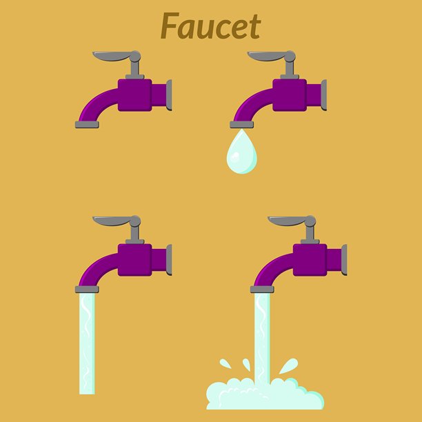 紫色水龙头。各种水龙头。卫生。地下水。清洁水。家庭。浴室。矢量插图。图片下载