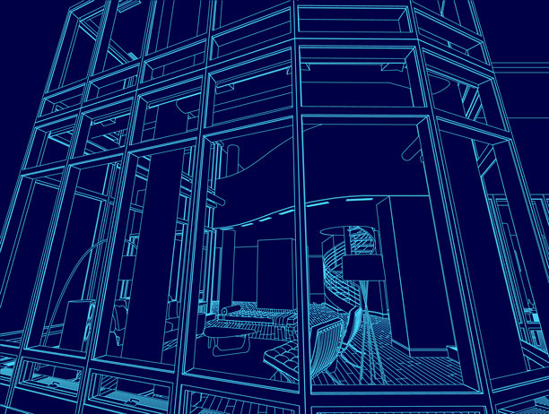 蓝色建筑的画作，中央有一个螺旋楼梯，楼梯周围摆放着家具。图片下载