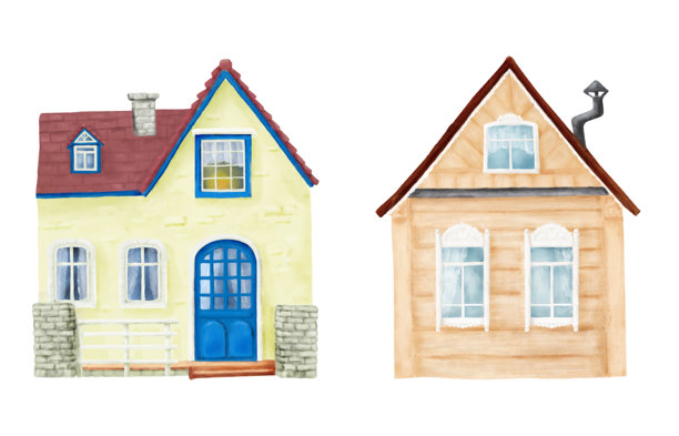 红瓦屋顶和窗帘的村庄房屋插图。水彩数字插画。可爱的带烟囱的小屋和舒适的乡村小屋，独立于白色背景。木制台阶和白色围栏。图片下载