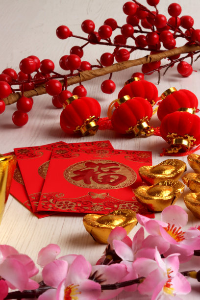 中国新年装饰元素照片，花朵金色盛开，传统照片，亚洲背景，红色图片下载