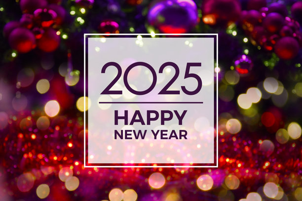 2025年新年快乐贺卡，带有紫色圣诞灯光虚化边框的库存图片图片下载