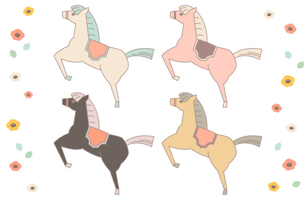 可爱的马矢量插图素材套件，包含主要线条，适用于马年新年贺卡图片下载