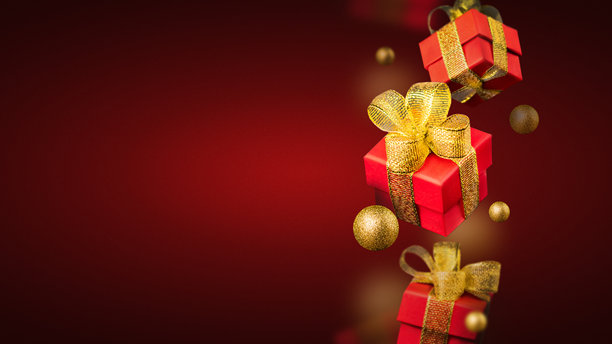 红色背景上漂浮着带金色蝴蝶结的红色礼品盒。礼物和节日概念。横幅海报照片，留白空间。图片下载