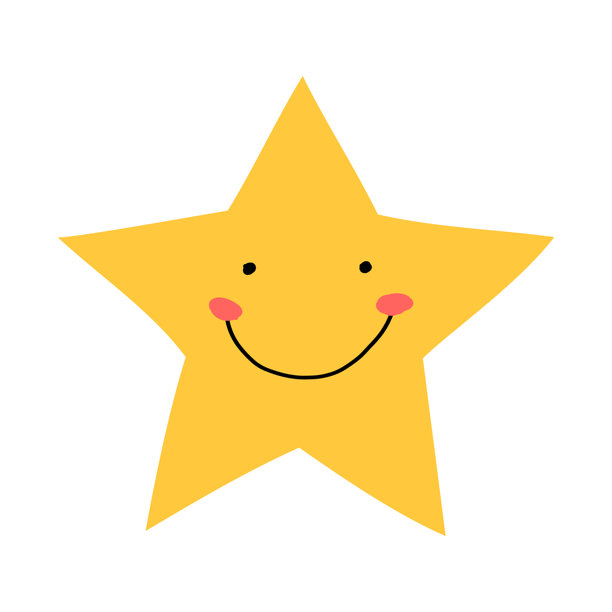 可爱的黄色星星，带着大大的微笑和圆圆的脸颊。简单而愉快的卡通设计，适合儿童产品、插图或节日项目。平面矢量图，背景为白色。图片下载