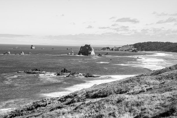 一幅黑白照片，展示了从悬崖顶部俯瞰俄勒冈州班登海滩的景色。图片下载