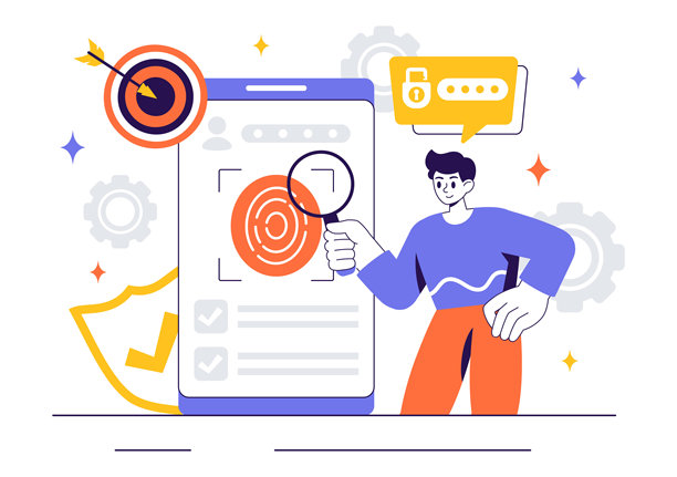 身份识别矢量插图，展示了一张包含照片、个人信息和文件细节的身份证，适用于面部识别系统图片下载