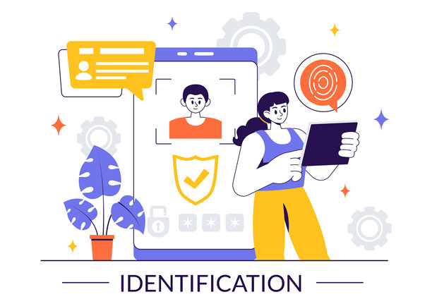 身份识别矢量插图，展示了一张包含照片、个人信息和文件细节的身份证，适用于面部识别系统。图片下载