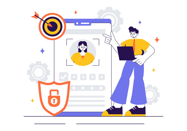 身份识别矢量插图，展示了一张包含照片、个人信息和文件细节的身份证，适用于面部识别系统图片下载