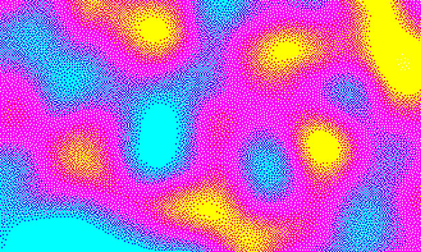 充满活力的Y2K全息背景：动态粉色、黄色和蓝色调的抽象半色调效果。受2000年代复古风格启发的设计，适用于横幅、传单和用户界面元素。8位复古风格图片下载