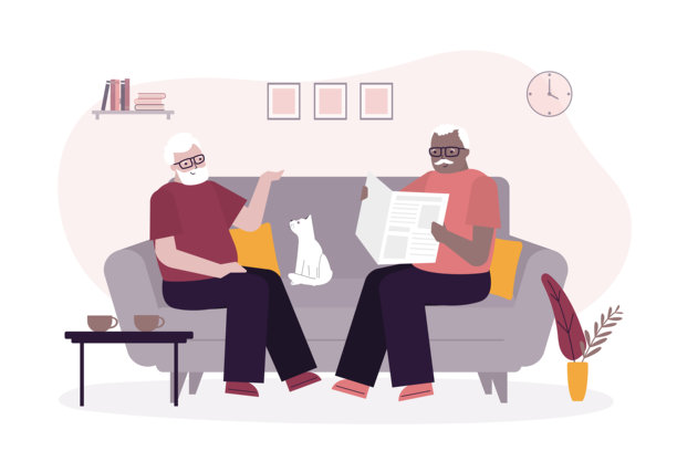 老年男子在家中的客厅里度过一个轻松的日子，享受他的爱好，聊天和阅读。多元文化的老年朋友们在一起。图片下载