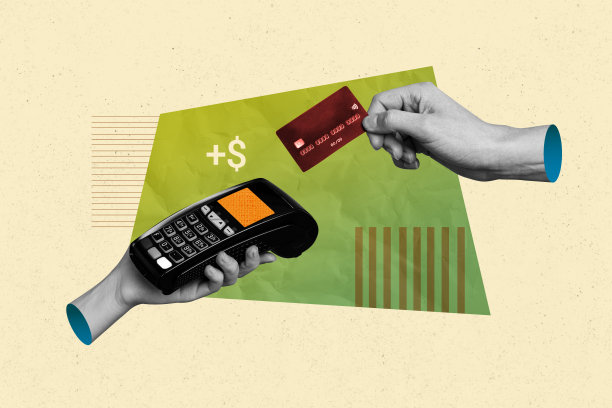 黑色星期五无现金销售折扣的创意横向照片拼贴，展示手握信用卡支付终端的场景，带有涂鸦风格。图片下载