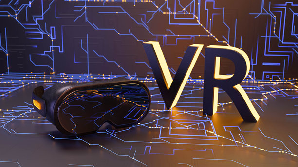 抽象黑暗科技背景上的VR眼镜，背景类似于计算机组件和主板。技术和虚拟现实主题的3D模型和可视化 - 股票照片图片下载