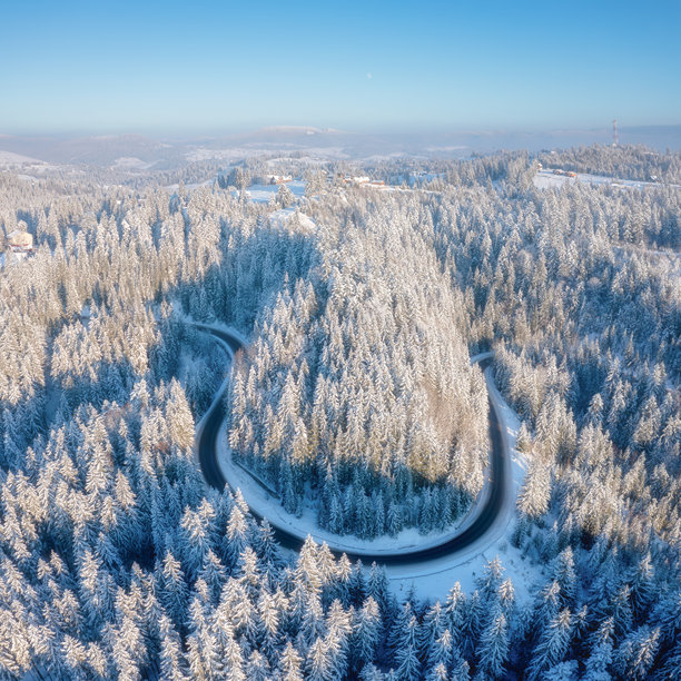 冬季时分，蜿蜒的道路和森林的鸟瞰图。森林被雪覆盖。空中拍摄的自然冬季景观。适合明信片、背景和壁纸的照片。图片下载