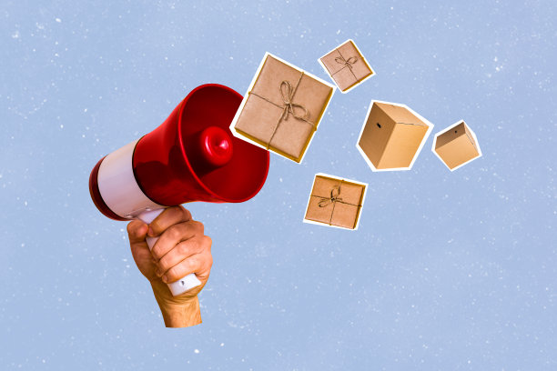 极简风格的照片拼贴艺术，手持扩音器宣布订购产品，背景为蓝色。图片下载