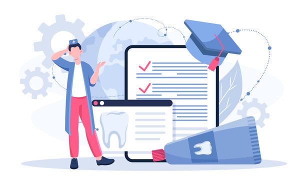 在线牙医概念。身穿医疗制服的男子在牙齿和牙膏的照片旁边。医疗保健与医学。诊断与治疗。牙科与口腔医学。扁平矢量插图图片下载