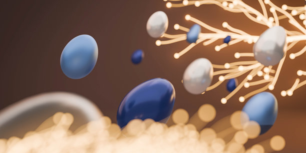 3D可视化，多彩的蓝色复活节彩蛋漂浮在自由空间中，周围有烟花和烟花棒的灯光效果营造的氛围，节日气氛浓厚 - 股票照片图片下载