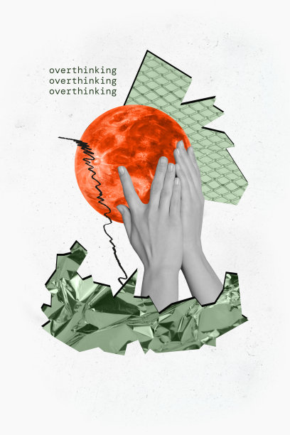 垂直创意复合超现实主义照片拼贴，手与红色星球的面孔陷入过度思考，孤立的绘画背景图片下载