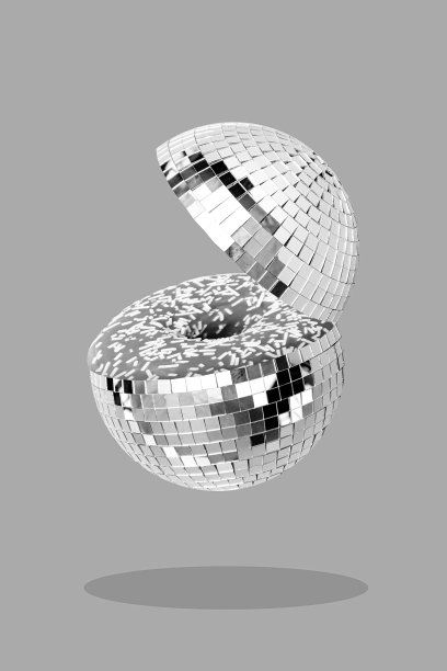 奇幻奇特的粉色糖霜甜甜圈与球形迪斯科球的合成照片拼贴，闪耀的派对自助餐厅开幕，背景为蓝色。图片下载