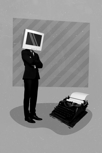 创意照片3D拼贴艺术海报，勤奋的专业工作者，旧电脑代替面孔，背景为绘画风格。图片下载