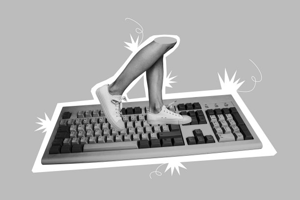 创意拼贴照片艺术作品，宣传广告，腿部走动，橙色电脑键盘按钮，孤立在蓝色背景上图片下载