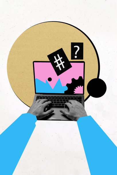 垂直照片拼贴，展示手指在笔记本电脑键盘上输入，设置齿轮，IT专家，背景为涂鸦风格。图片下载