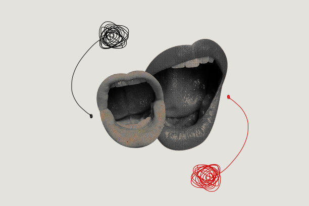 横向极简奇异的照片拼贴，两张巨大的嘴巴在对话，黑白效果，背景为白色。图片下载