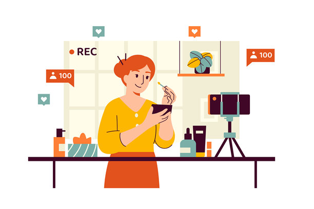 美妆博主在三脚架上用智能手机录制视频，向她的粉丝们介绍护肤产品。女孩在她的房间里，周围摆满了化妆品。图片下载