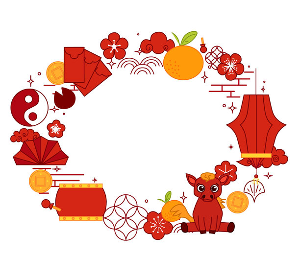 马年新年椭圆框架，适用于马年背景素材。透明背景上的矢量图形线条插图模板。图片下载