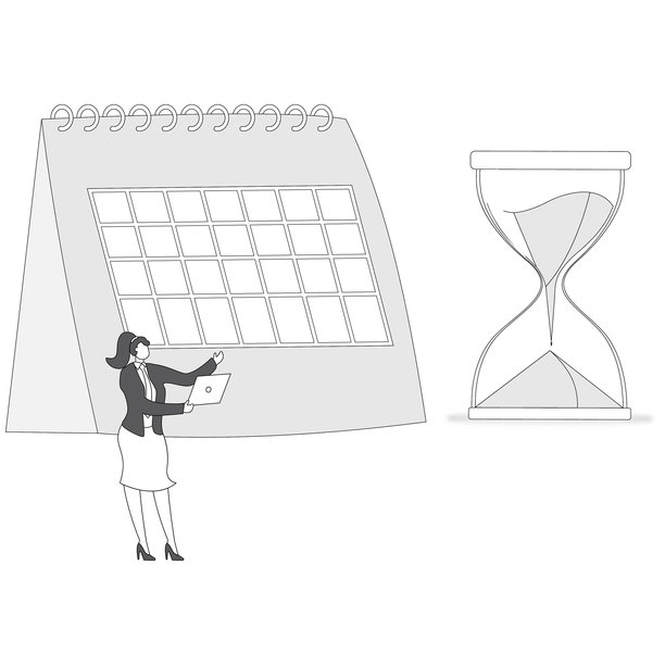 日历截止日期以完成工作，倒计时到发布日期，提醒或计划，组织工作或项目管理概念，女商人在沙漏和日历日期上使用电脑笔记本工作图片下载