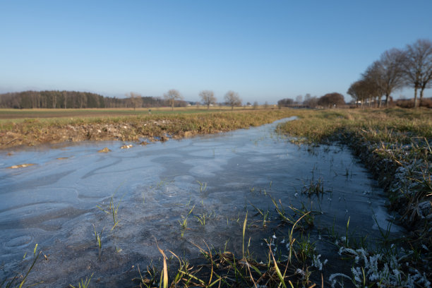 巴伐利亚冬季的风景照片。田野里的水正在结冰。旁边有树木。背景是蓝天。图片下载