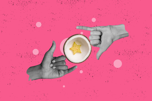 复合3D照片艺术图形拼贴，展示两只手势“沙卡”问候，夏威夷岛椰子和星果，异域风情，孤立在彩绘背景上。图片下载