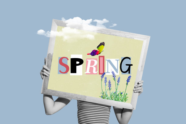 黑白色调的女孩手臂抱住头部的拼贴画，春天的照片框，花朵、蝴蝶和云朵，背景为蓝色。图片下载