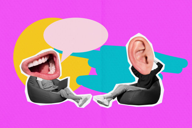 团队两人坐在豆袋椅上放松，合作工作，头部靠近，嘴巴交谈，耳朵倾听，使用笔记本电脑的3D照片拼贴艺术作品。图片下载