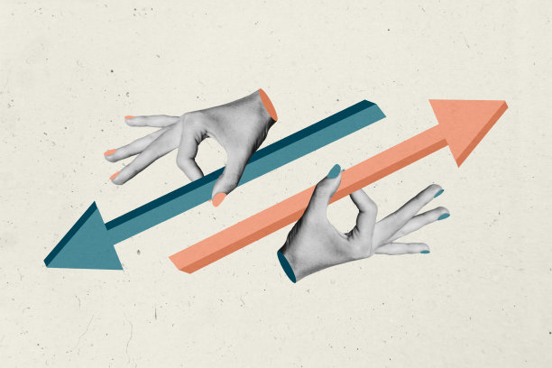 创意照片海报趋势艺术拼贴图，手握箭头指示器，变体选项，回归与进步，上下方向，统计数据图片下载