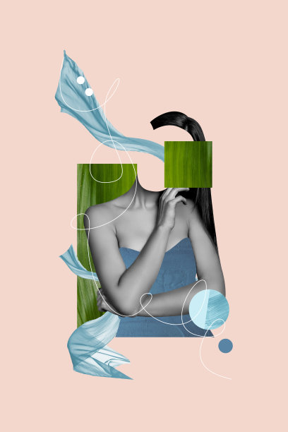 垂直创意合成照片拼贴，展示无脸女孩宣传天然有机护肤乳液，背景为粉色。图片下载