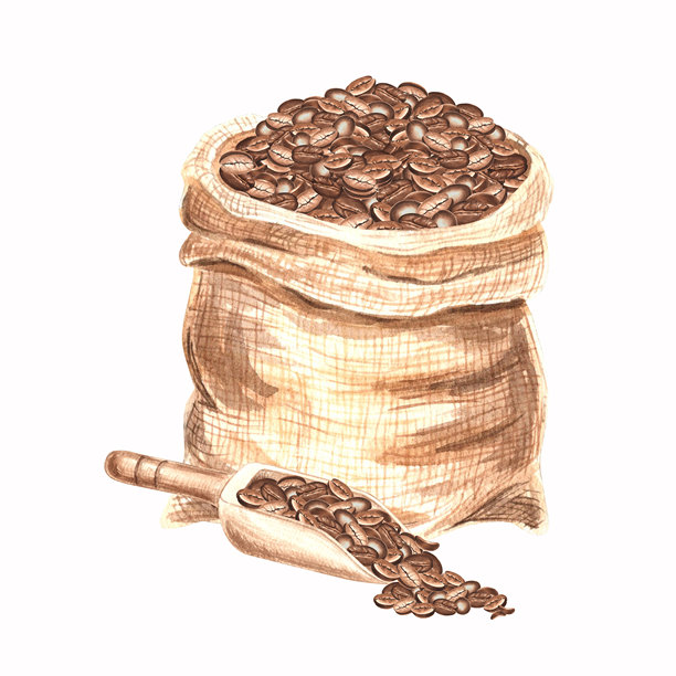 麻袋中的烘焙咖啡豆和木勺。装满咖啡种子的麻袋。手绘水彩插图，独立展示。装有谷物收成的帆布袋。用于包装和印刷的剪贴画。图片下载