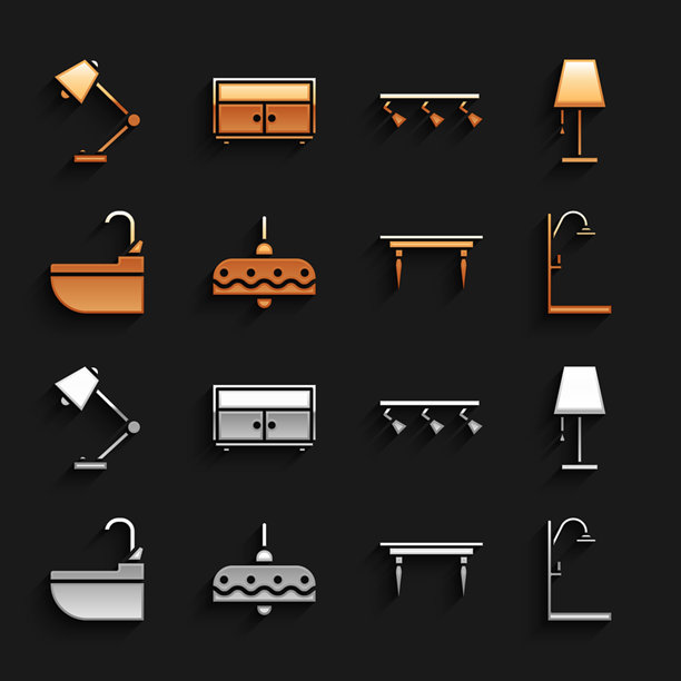 吊灯、台灯、淋浴、木桌、水龙头洗手盆、LED轨道灯和抽屉柜图标。矢量图。图片下载