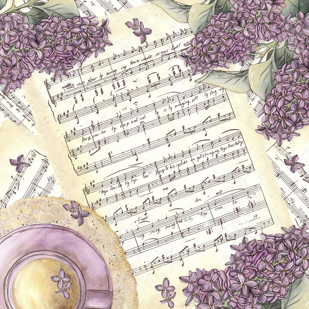 一幅由紫丁香花、带缎带蝴蝶结的复古茶匙、茶和杯子放在蕾丝餐巾上的插画。水彩插图，背景为白色。浪漫，复古，剪贴簿。图片下载