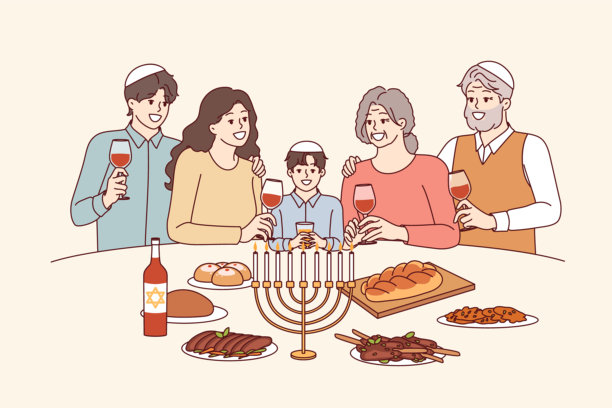 犹太家庭在节日餐桌上，未成年人饮用红酒，享用传统美食图片下载