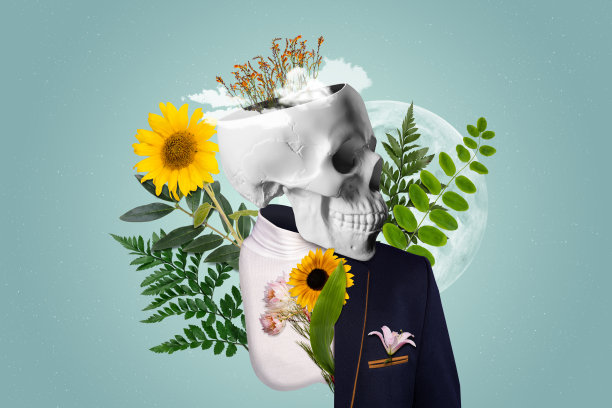 由花朵、树叶和草组成的骷髅头面具的拼贴照片，穿着高领衫的狂欢节服装，背景为涂鸦风格的画面。图片下载